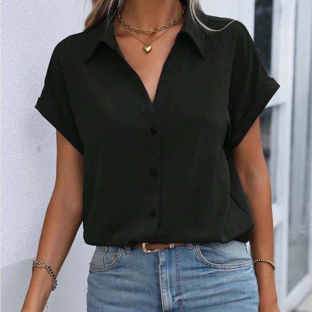 Rolled cuff short sleeve button up shirt work wear business casual olive green - Picture 3 of 3